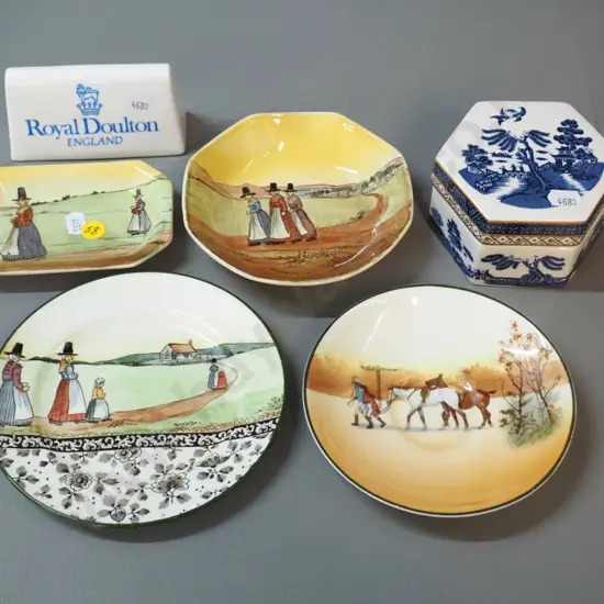 5 pieces Royal Doulton plus a china advertising sign. Real Old Willow trinket, hunting saucer, 3 French Breton ladies