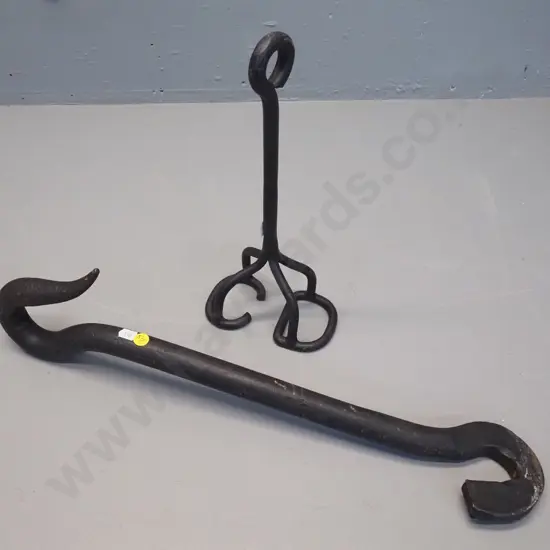 2 forged iron items - large double hanging hook L-530 and a branding iron with letters "CD"