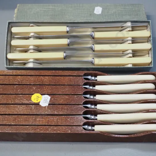 2 sets of 6 bone-handled knives - one in fitted wooden container