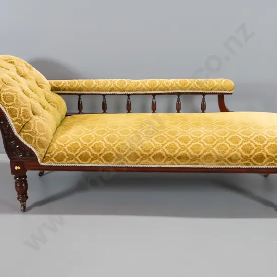 vintage rolled end chaise longue with carved timber facing, embossed velvet, on porcelain casters H770 L1870 D610