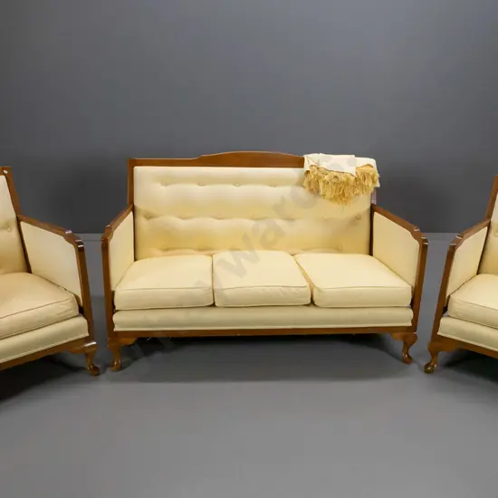 3-piece mahogany framed cab leg lounge suite w/upholstered sides, loose cushions, damask fabric - settee H780 W1330 D700