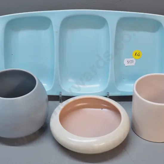 4 Poole various coloured items - 2 pots, small dish, 3-part serving dish L-280 W-130