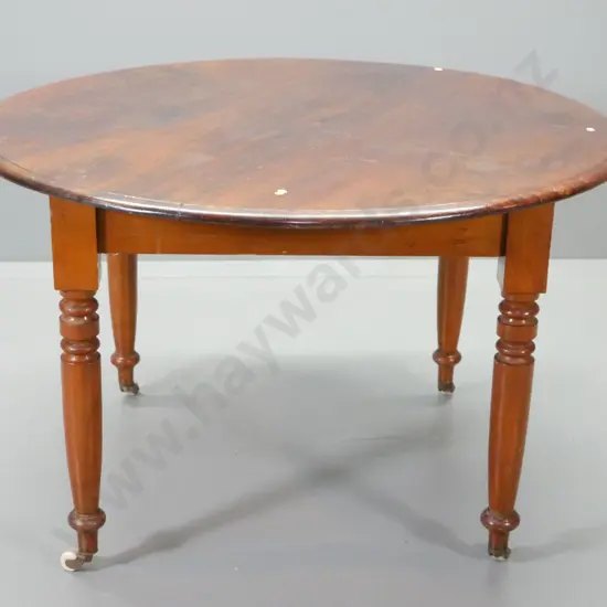 vintage solid timber round dining table - turned legs, original porcelain casters, , repaired crack on top H750 D-1200