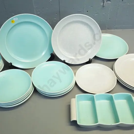 Poole tableware - 6 seagull colour plates and various teal plates plus teal & seagull 3-part serving dish