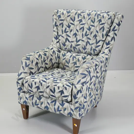 traditional style wood-framed high-back lounge chair with blue & grey leaf pattern tapestry H1010 W700 D820