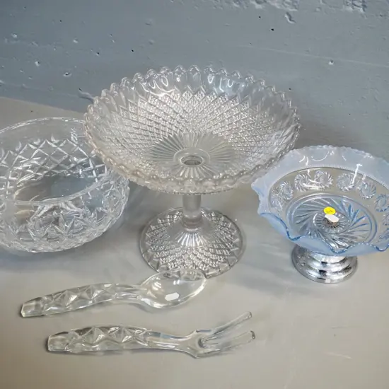 clear depression glass comport dish H200, blue depression glass comport w/ chrome stand, crystal salad bowl & servers