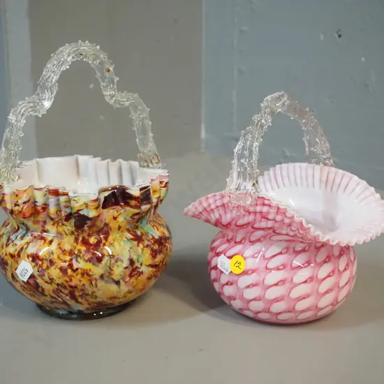 2 hand-blown art glass ornamental basket vases, taller is H-230