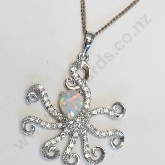 silver cz & opal necklace chain stamped 925