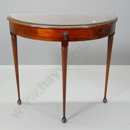 reproduction mahogany cab-leg half-round hall table with 1 drawer, drop handle, glass top H710 W780 D350