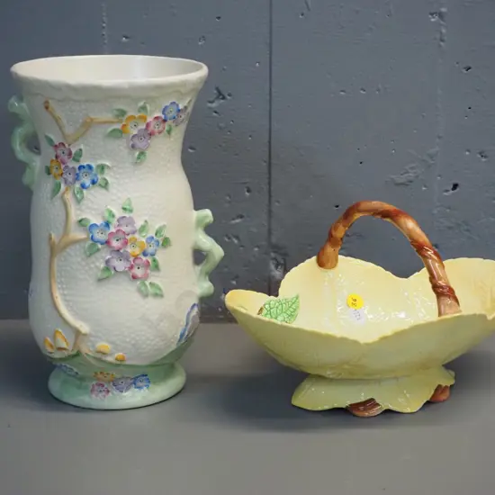 Crown Devon vase H-250 and a Carlton ware foxglove basket L-260