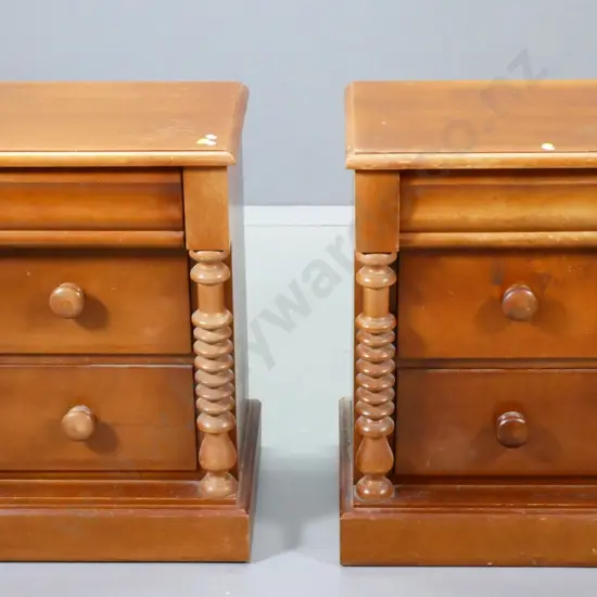 pair of vintage kauri 3-drawer bedside cabinets w/cotton reel columns, polish needs work H-670 W-510 D-380