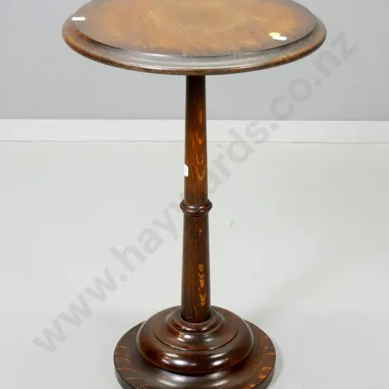 deco dark stained oak pedestal base wine table / plant stand - polish needs attention H-560 D-360
