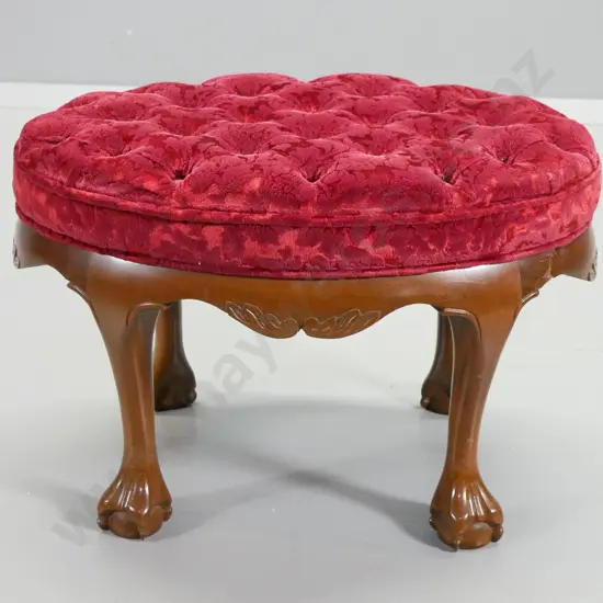 mahogany reproduction oval foot stool with deep button velvet top, carved show-wood base H400 W590 D410