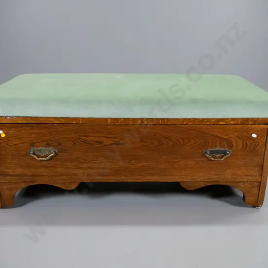 deco oak storage chest/seat with drawer, upholstered top, original drop handles H480 W1080 D470