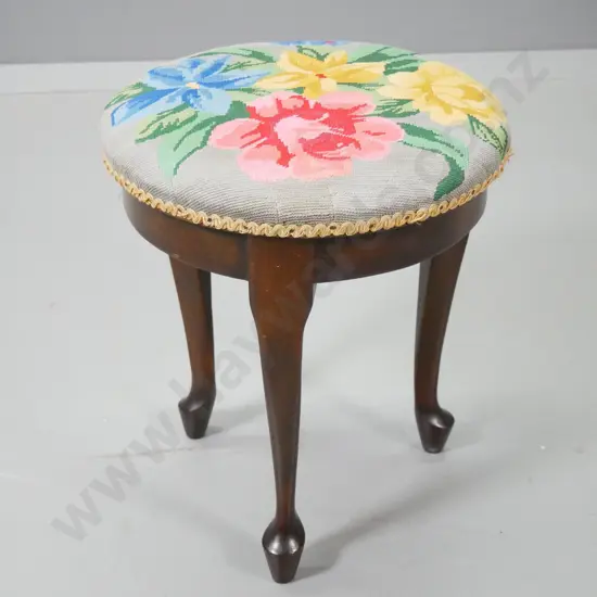 mahogany cab-leg stool with hand-worked floral tapestry seat H-420 D-360