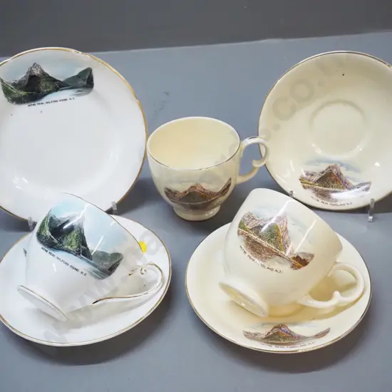 English made New Zealand souvenir china - Mitre Peak trio and 2 cups & saucers