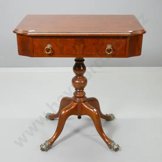 reproduction mahogany and burr walnut hall table with brass ball and claw feet, single drawer H700 W660 D400