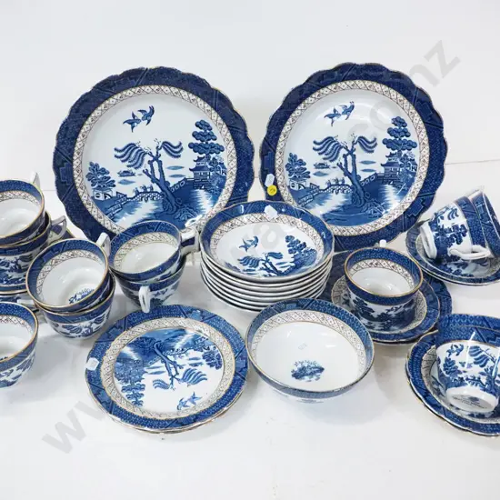 assorted Booth's Real Old Willow tea and dinner ware - 12 cups, 7 saucers, 5 sides, 2 dinner plates, 8 sweet dishes