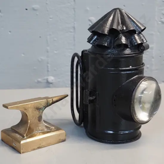 miniautre solid cast brass anvil and a black painted small miner's lamp with clear lens H-170