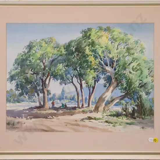framed watercolour - people under trees 320 W-440