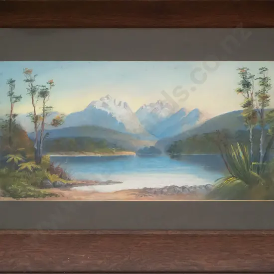 R Nash - framed pastel - lake and mountain scene (slight foxing) H-270 W-520