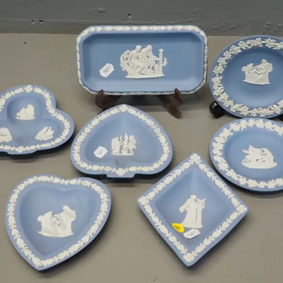 Wedgwood light blue jasperware: 7 pin dishes including set of 4 playing card suits