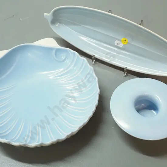 3 Poole cream & blue items - scallop shaped dish D-220, small vase, cucumber plate