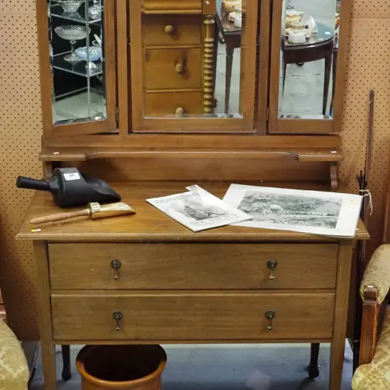 deco oak 2-drawer dressing table with bevelled framed centre and wing mirrors, brass drop handles H-1530 W-1070 D-500
