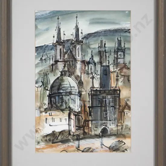 framed watercolour - city scene H-290 W-200