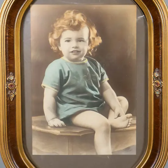 framed convex glass vintage hand coloured photograph - portrait H-320 W-220