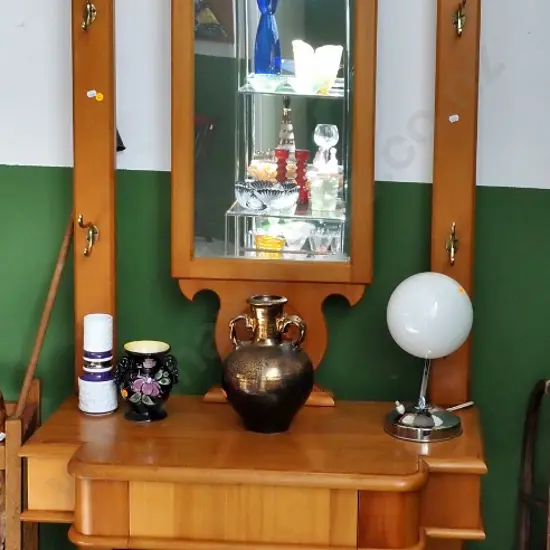 rimu tall ecclesiastical style hall stand with carved detail, mirror back, brass coat hangers, 1 drawer H2220 W800 D420