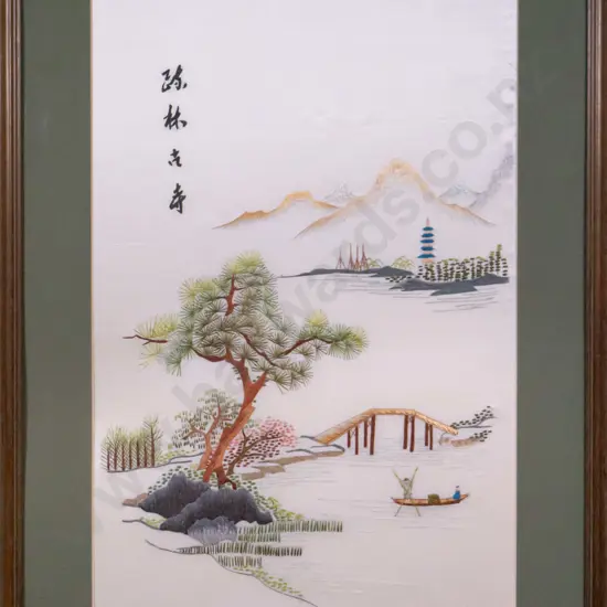 framed Asian needlework on silk H-500 W-330