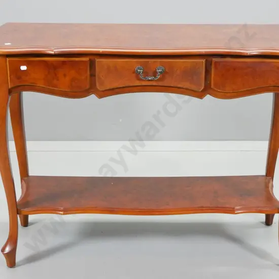 R.A. Davies Chch reproduction burr walnut hall table with drawer, some lifting veneer on shelf H760 W1020 D390