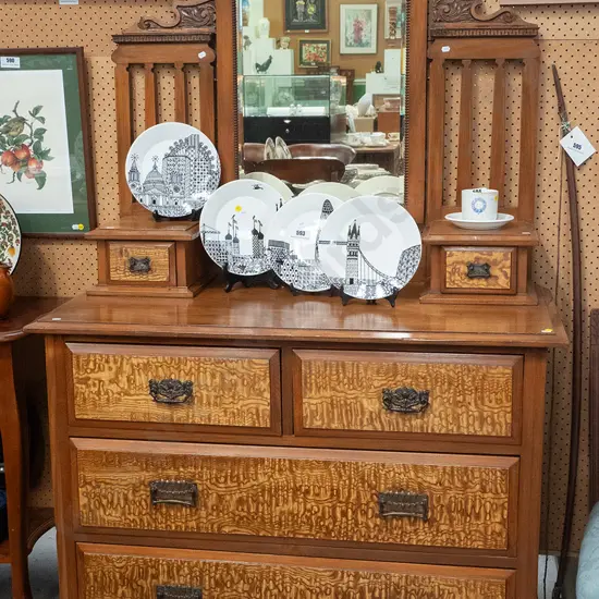 vintage deco style mixed native timber & mottled drawer fronts dressing table with ornately carved tilt mirror frame and