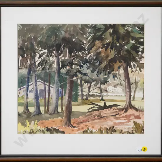 CM Austin - framed watercolour - house through trees H-300 W-340