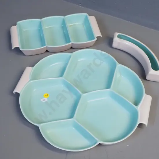 3 Poole cream & teal items - trough vase and 2 serving dishes, larger is D-340