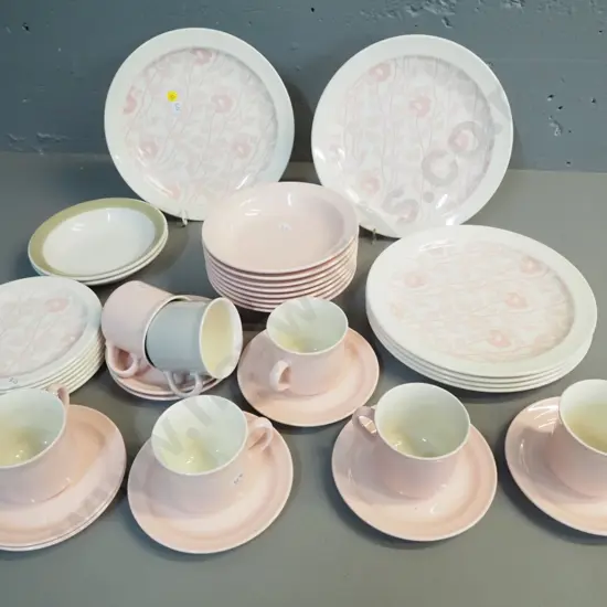 selection of retro Crown Lynn dinnerware: Symphony Pink pattern dinner & side plates, pink cups, saucers & desserts etc.