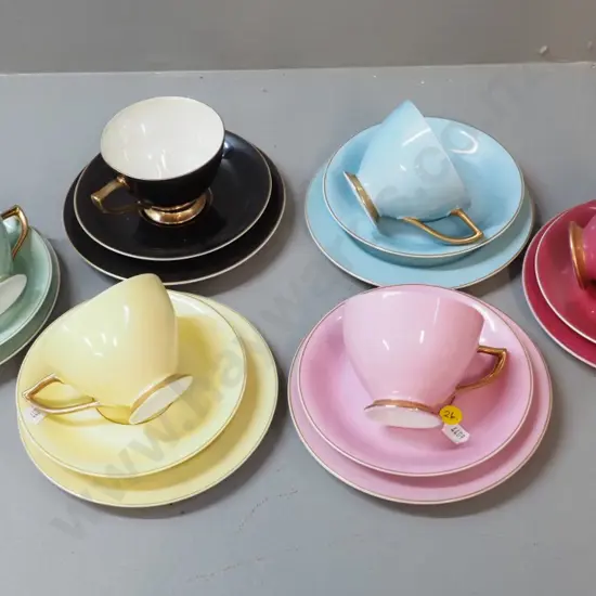 set of 6 Japanese mixed colours bone china trios