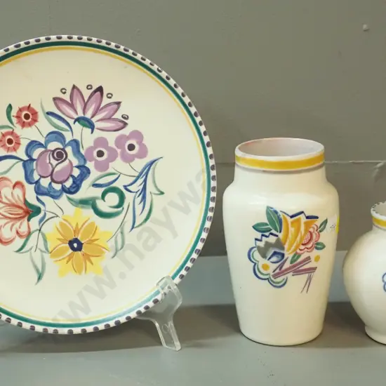 3 pieces Poole hand-painted floral pottery - plate D-230 and 2 vases