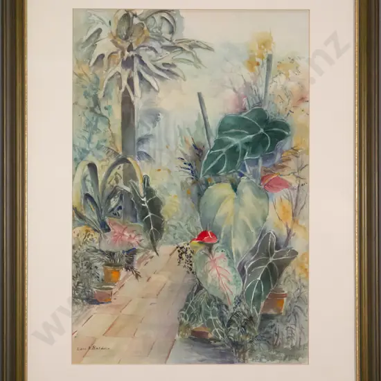 Lois Baldock - framed watercolour path through plants H-