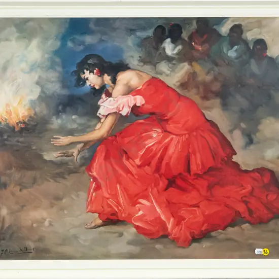 framed retro print - woman in red dress H-500 W-600