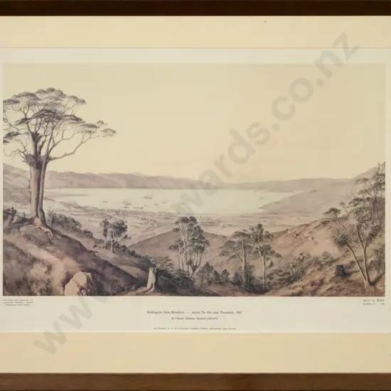 framed historic print - Wellington From Brooklyn - across to Te Aro and Thorndon 1861 H-300 W-500