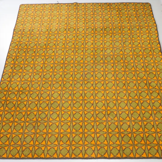 retro orange and green machine woven wool floor rug with bound edges, some visible wear at joins 2050 x 1820