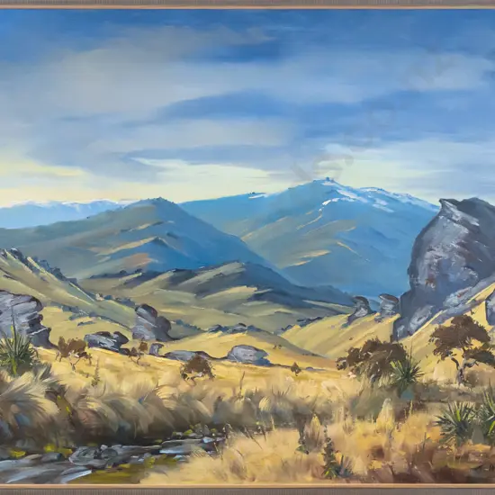 JA Rasmussen - framed oil "Mt Leaning Rock from the Old Man Range, Alexandra" H-540 W-740