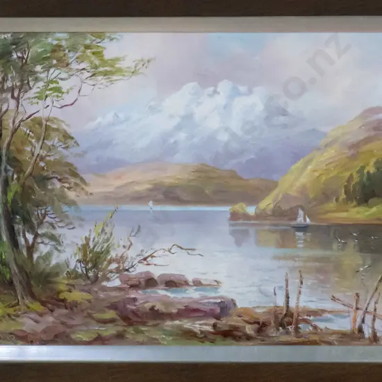 Allen W Bollard - framed oil - lake and mountain scene H-260 W-460