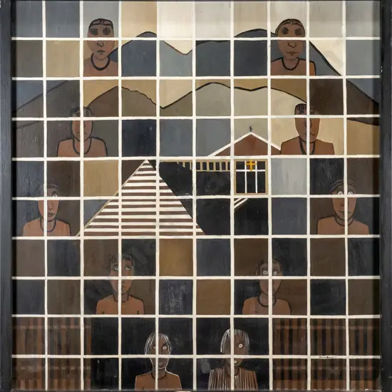 Annie Baird '77 - framed acrylic - people and landscape H-940 W-900 (signs of borer in frame)