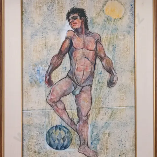 Ronarong Thanomtup - framed mixed media "Soccer Player" H-600 W-410