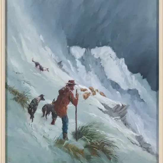 Wallace T Keown '82 - framed oil "On the Tops, Shepherding in Winter" H-340 W-290