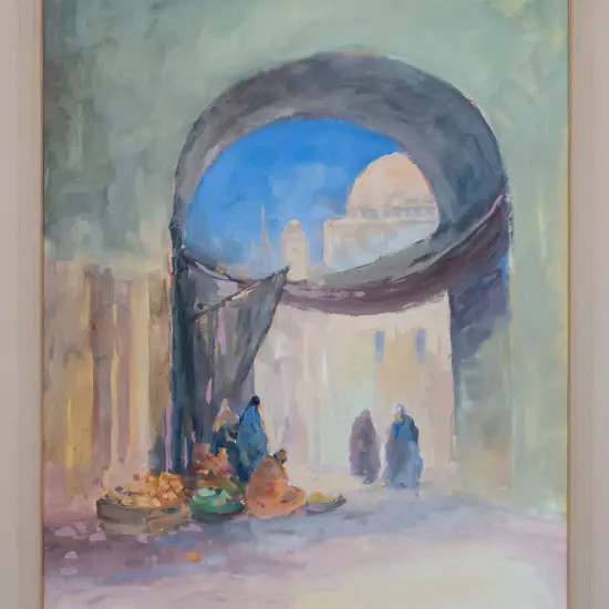 Blythe Fletcher - framed gouache street scene H-370 W-280 (frame needs attention)