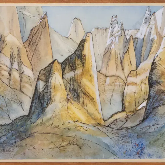 JG Thomas - framed mixed media "Clay Cliffs Omarama" H-420 W-500